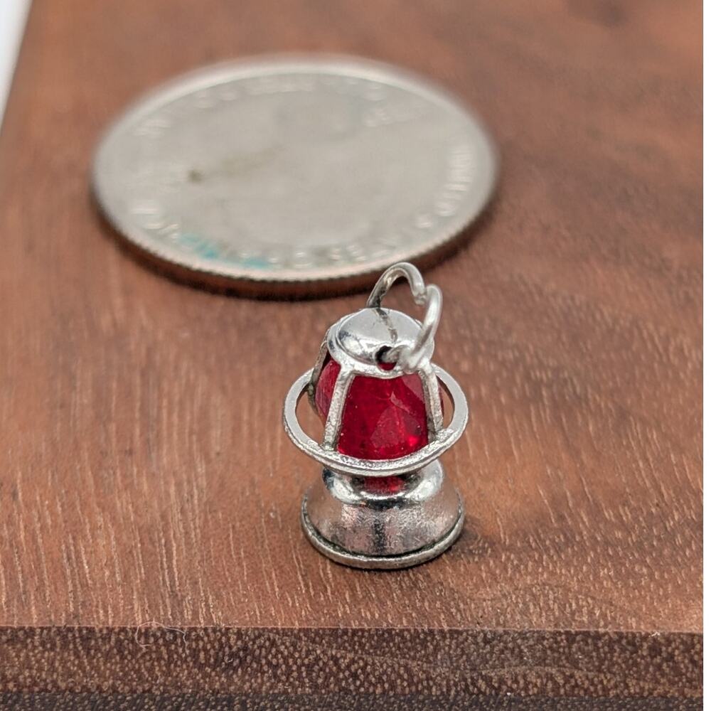 Vintage Wells Sterling Silver Red Bead Outdoor Miner's Lamp Lantern Charm